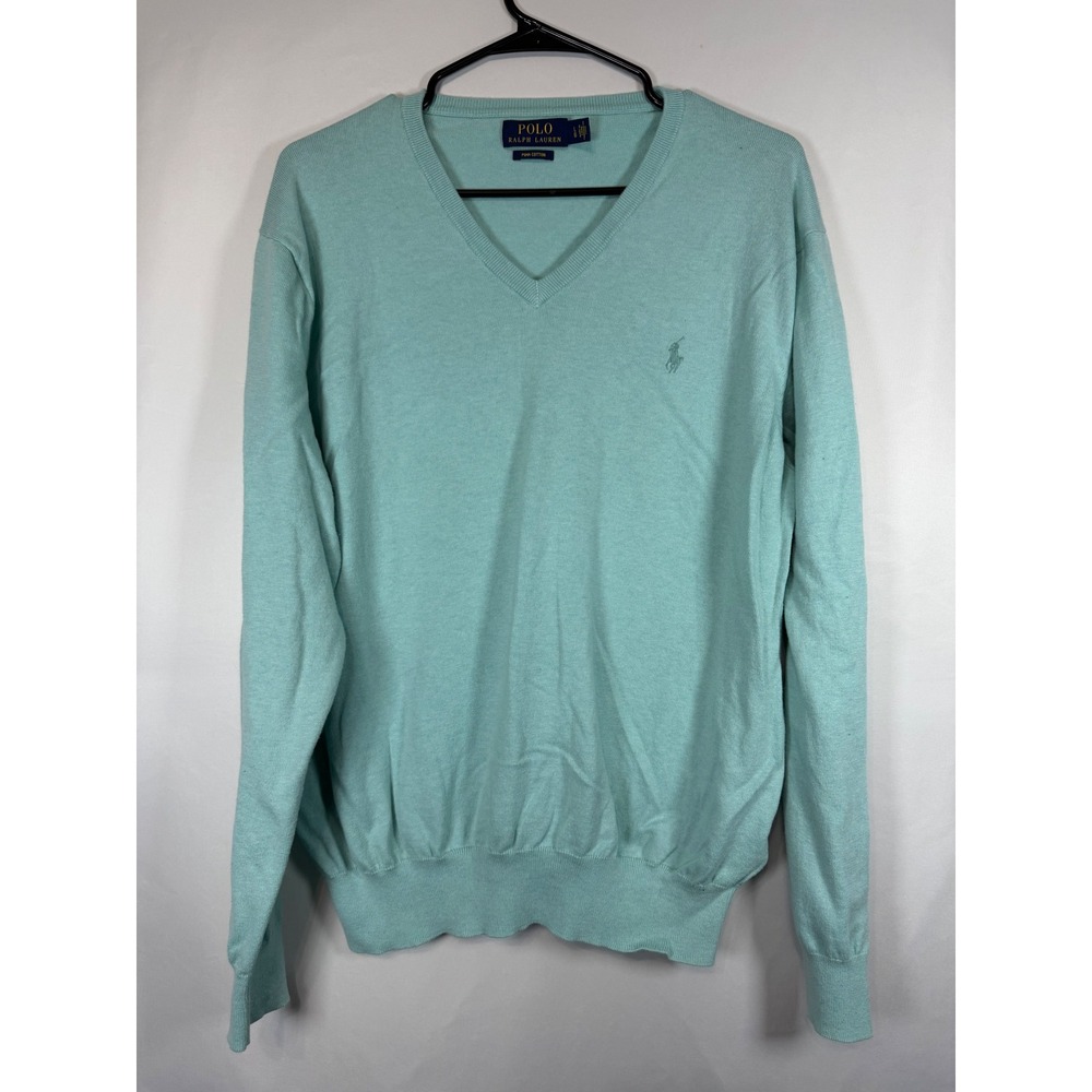 Polo Ralph Lauren Mint Green Pima Cotton V-Neck Sweater Size Large Women